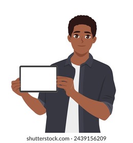 Young black man holding digital tablet, showing screen with blank copy space. Flat vector illustration isolated on white background