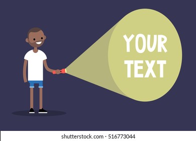 Young black man holding a flashlight. Your text here / Flat editable vector illustration, clip art