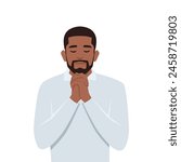 Young black man holding hands praying and making worship, religious concept. Flat vector illustration isolated on white background