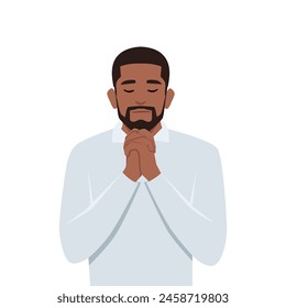 Young black man holding hands praying and making worship, religious concept. Flat vector illustration isolated on white background