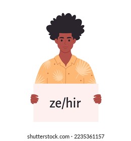 Young black man holding sign with gender pronoun. She, he, they, non-binary. Gender-neutral movement. LGBTQ community. Hand drawn vector illustration