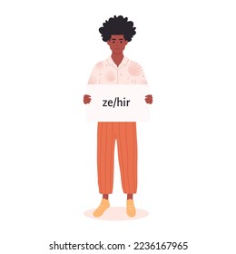 Young black man holding sign with gender pronoun. She, he, they, non-binary. Gender-neutral movement. LGBTQ community. Hand drawn vector illustration