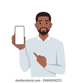 Young black man holding smartphone screen and pointing it. Flat vector illustration isolated on white background