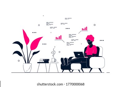 Young black man at home sitting in chair and working on computer. Remote working, home office, self isolation concept. Flat style line art illustration, isolated on white background.