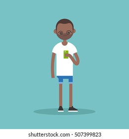 Young black man hypnotized by his smart phone's screen / flat editable vector illustration