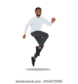 Young black man jumping with joy concept. Flat vector illustration isolated on white background