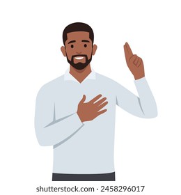 Young black man keeping hands on chest. Smiling friendly man expressing gratitude with peace sign. Flat vector illustration isolated on white background