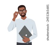 Young black man with laptop holding glasses. Flat vector illustration isolated on white background