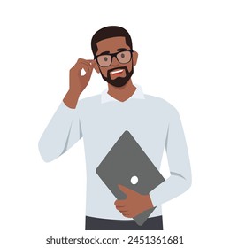 Young black man with laptop holding glasses. Flat vector illustration isolated on white background