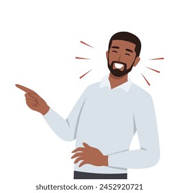 Young black man laughing while pointing. Flat vector illustration isolated on white background