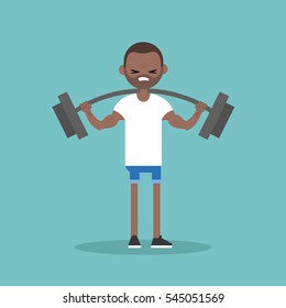 Young black man lifting a heavy weight barbell. Weightlifter holding a barbell in the gym / Vector flat editable illustration, clip art