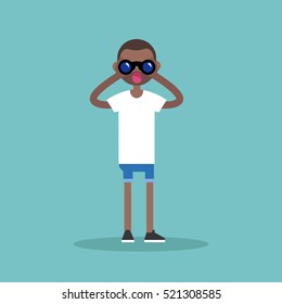 Young black man looking through a binocular / editable flat vector illustration, clip art