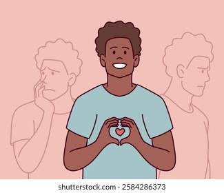 A young black man makes a heart gesture and smiles, but his faded background self looks sad. The image symbolizes hidden emotions.