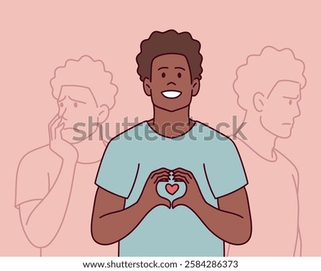 A young black man makes a heart gesture and smiles, but his faded background self looks sad. The image symbolizes hidden emotions.