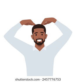 Young black man making a heart symbol up on his heads. Flat vector illustration isolated on white background