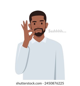 Young black man making a shushing gesture raising his finger to his lips. Flat vector illustration isolated on white background