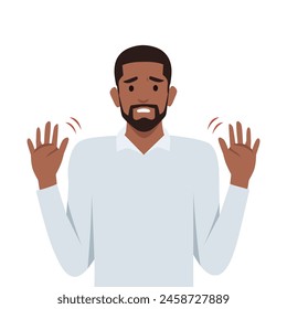 Young black man making stop with his hands. Say No or not me. Flat vector illustration isolated on white background