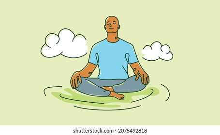 Un joven negro medita con la nube alrededor. Ilustración vectorial de estilo de arte lineal adecuada para el bienestar o el contenido de salud mental en calma