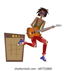 A young black man playing the guitar. Rock musician. Vector illustration, isolated on white background.