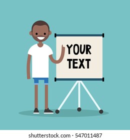 Young black man pointing on the flip chart. Your text here / flat editable vector illustration