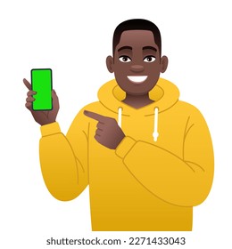 Young black man points to the screen of a smartphone in his hand. Advertising of a mobile application or services, promotion of an application or website. Vector illustration