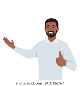 Young black man presenting and showing thumbs up OK sign. Flat vector illustration isolated on white background