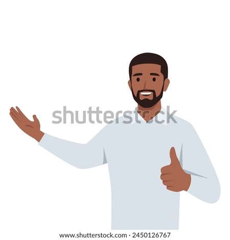 Young black man presenting and showing thumbs up OK sign. Flat vector illustration isolated on white background