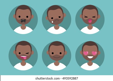 Young Black Man Profile Pics / Set Of Flat Vector Portraits: Taped Mouth, Crying, Yelling, Winking And Showing Tongue, Smiling, In Love