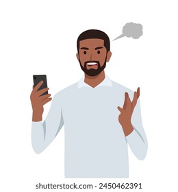 Young black man read text messages on mobile phone that is a false statement he felt displeased. Flat vector illustration isolated on white background