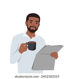 Young black man reading newspaper while having coffee. Flat vector illustration isolated on white background