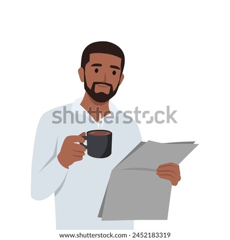 Young black man reading newspaper while having coffee. Flat vector illustration isolated on white background