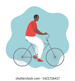 Young black man is riding a bike. The concept of sports lifestyle. People icon. Funky flat style. Vector illustration on a blue background
