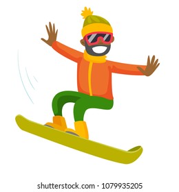Young black man riding a snowboard. Hipster snowboarder snowboarding. Concept of sport and physical activity. Vector cartoon illustration isolated on white background. Square layout.