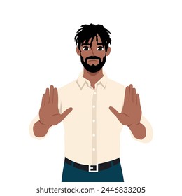 Young black man show no hand gesture. Serious male demonstrate stop sign. Flat vector illustration isolated on white background