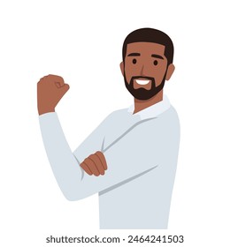 Young black man showing and flexing biceps muscles concept. Flat vector illustration isolated on white background