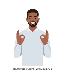 Young black man is showing a gesture Okay. Flat vector illustration isolated on white background