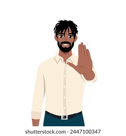 Young black man showing stop gesture say no. Flat vector illustration isolated on white background