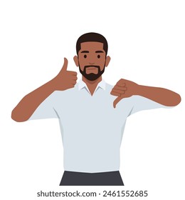 Young black man showing thumb up and thumb down thinking or choosing something. Flat vector illustration isolated on white background