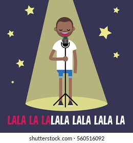 Young black man singing karaoke on the stage / flat editable vector illustration, clip art