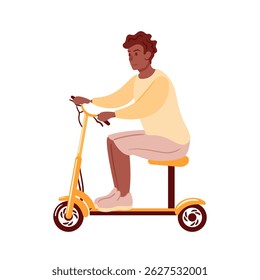 A young Black man sits comfortably on a scooter, wearing a vibrant yellow long-sleeve shirt and beige shorts. His relaxed demeanor and stylish outfit perfectly capture a sense of leisure and fun on