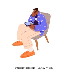 Young black man sits on chair, holds smartphone and spends leisure time online. Person with social networks addiction surfing the Internet by phone, device. Flat isolated vector illustration on white