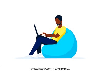 Young Black Man Sitting In Chair Bag And Working On Computer. Remote Working, Home Office, Self Isolation Concept. Flat Style Illustration, Isolated On White Background.