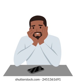 Young black man sitting holding his face with a bored face because there is no activity. Flat vector illustration isolated on white background