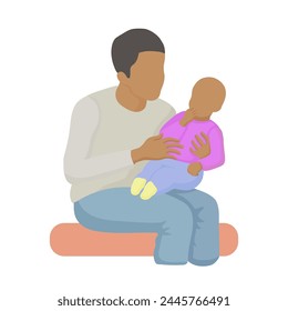 young black man sitting holds a baby in his lap. a young father looks at his children in his arms, simple vector style in silhouette