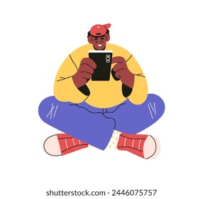 Young black man sitting with mobile phone in hands. Guy surfing internet, scrolling, looking social media, holding smartphone, smiling. Flat graphic vector illustration isolated on white background