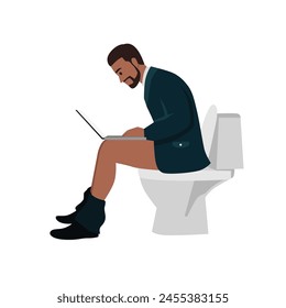 Young black man sitting on toilet Using Laptop. Flat vector illustration isolated on white background