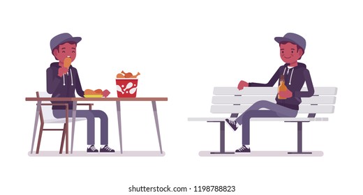 Joven negro sentado en la mesa, en un banco blanco. Niño millenés con capucha y gorra color crema, disfruta comiendo comida callejera, relájate después del trabajo o estudia. Dibujo de dibujos animados de estilo plano vectorial