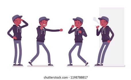 Young black man with smartphone. Millennial boy wearing dark zip hoodie and cap, standing and smoking cigarette, take part in a street struggle. Vector flat style cartoon illustration