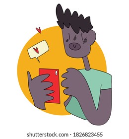 Young black man in a smartphone writes a love message girlfriend. Vector illustration communicating social media. Romantic feelings for Valentine's Day.