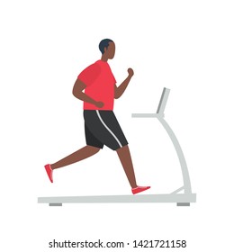 Young black man in a sporty uniform is running on a treadmill. People icon. Funny flat style. Vector illustration.